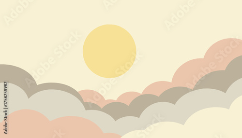 Stylized sun setting behind pastel clouds on a soft background with ample copy space
