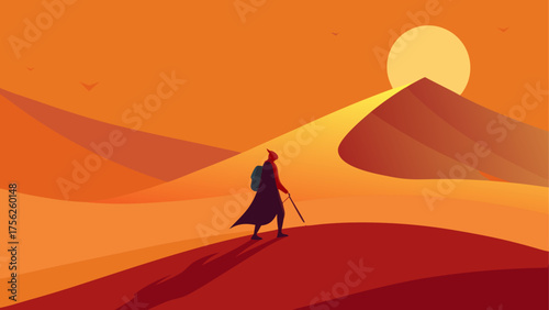 A traveler walking through desert dunes