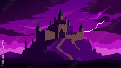Cartoon castle on a hill at night scene