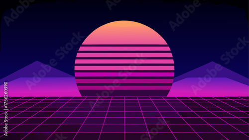 Retro sunset with grid and mountain view