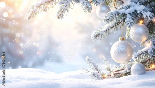 Winter Christmas background with snow, pine branches, and white ornaments in soft light bokeh