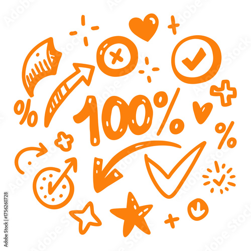 Doodle style orange vector illustration of one hundred percent