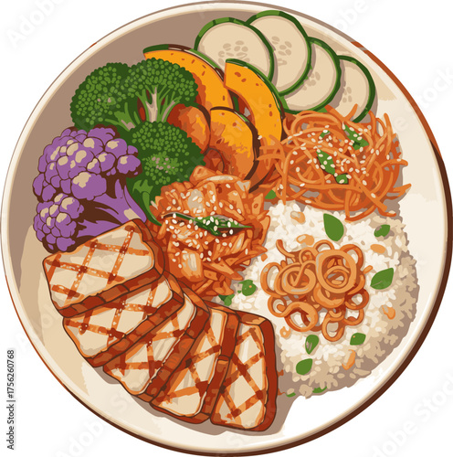 Gochujang Butter Bibimbap, Delicious vegan meal with grilled tofu, rice, and assorted vegetables.
