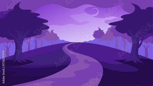 Purple landscape with path and trees art