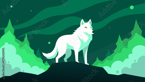 White wolf standing on a dark mountain