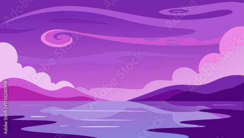 Purple landscape with water and mountains