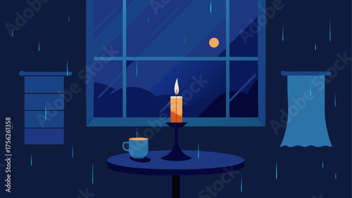 Rainy night with candle and moon outside
