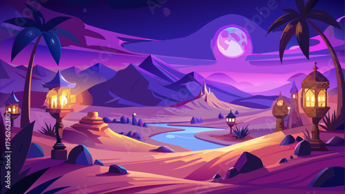 Night desert landscape with moon and river