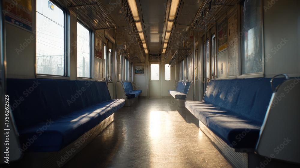 Fototapeta premium Empty Subway Train Interior With Blue Seats And Sunlight Streaming Through Windows. Urban Transportation During Quiet Hours