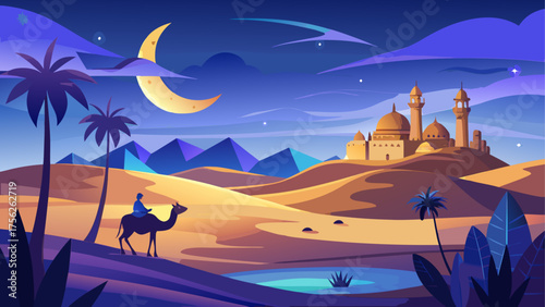Camel rider in desert at night landscape