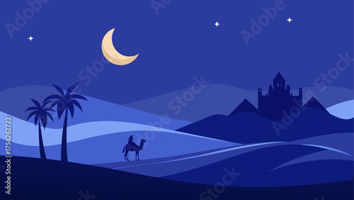 Night desert scene with camel and castle