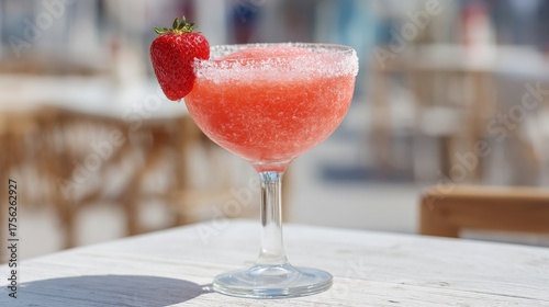Strawberry Margarita Cocktail On Outdoor Table. Refreshing Summer Beverage With Sugar Rim