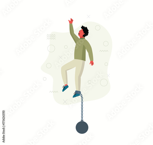 Man shackled by a ball and chain, reaching for freedom and overcoming burdens