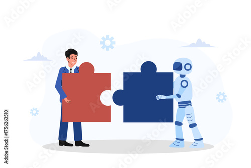 Businessman and robot working together to connect large puzzle pieces symbolizing cooperation and innovation in technology