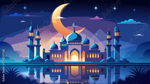 Silhouette of mosque with moon and stars on transparent background