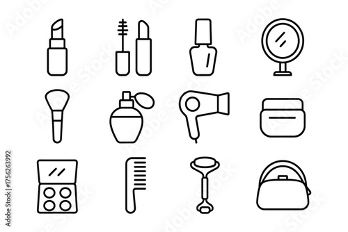 Minimalist makeup and beauty icons set in simple linear style for cosmetic design
