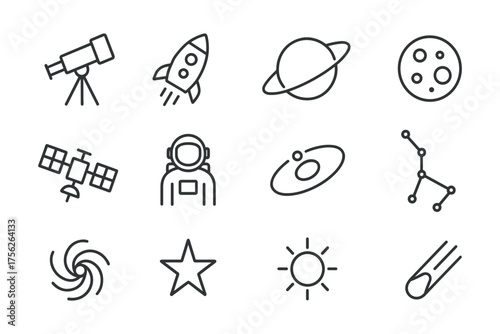 Space exploration icons: telescope, rocket, astronaut, and celestial bodies in minimalist line art
