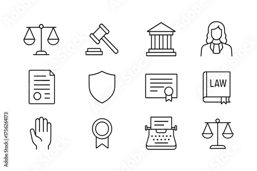 Legal and justice icons set in linear style featuring scales, gavel, courthouse, and certificate