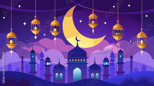 Ramadan kareem night scene with mosque view