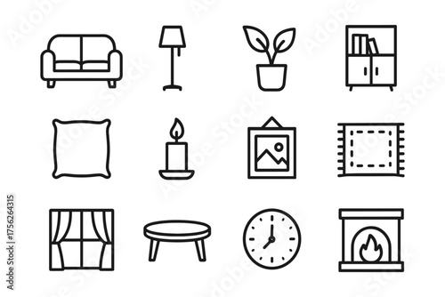 Minimalist home decor icons set: furniture, plants, and household items