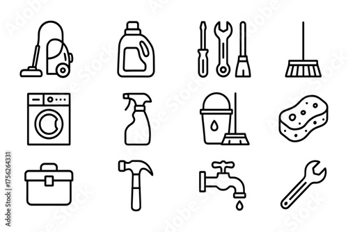 Essential cleaning and repair tools icons in modern linear style