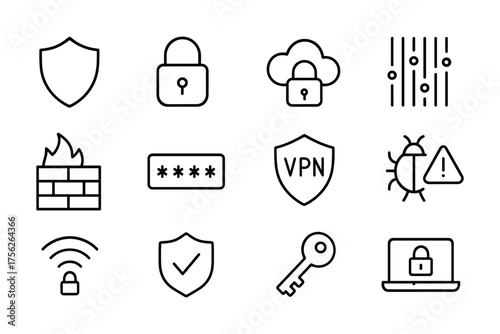 Comprehensive cybersecurity icons featuring shield, lock, and firewall symbols in linear design