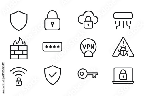 Cybersecurity minimal icons set featuring locks, firewall, vpn, and password protection