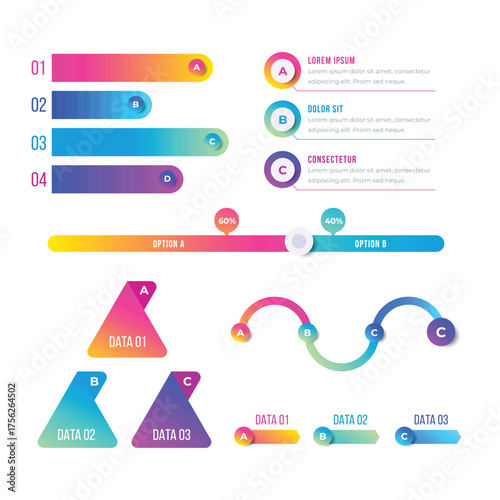 Modern infographic with five circular stages in a colorful gradient flow for business presentations and data visualization.
Four interconnected circular steps with numbers and text placeholders for pr
