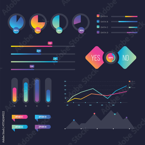 Modern infographic with five circular stages in a colorful gradient flow for business presentations and data visualization.
Four interconnected circular steps with numbers and text placeholders for pr