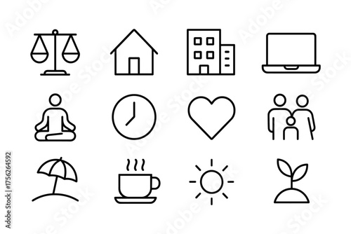 Minimalist line icons of daily life: balance, home, work, relaxation, and nature