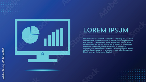 Computer Monitor Displaying Business Bar Charts and Pie Chart on Dark Blue Tech Background
