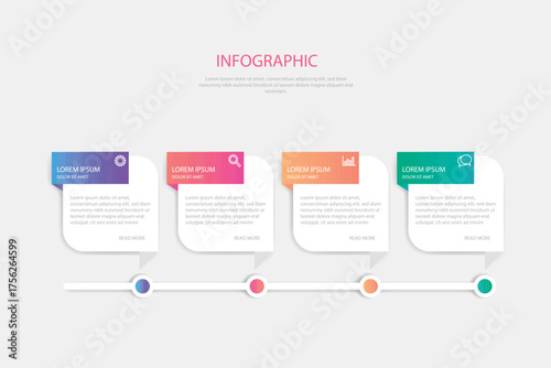 Modern infographic with five circular stages in a colorful gradient flow for business presentations and data visualization.
Four interconnected circular steps with numbers and text placeholders for pr