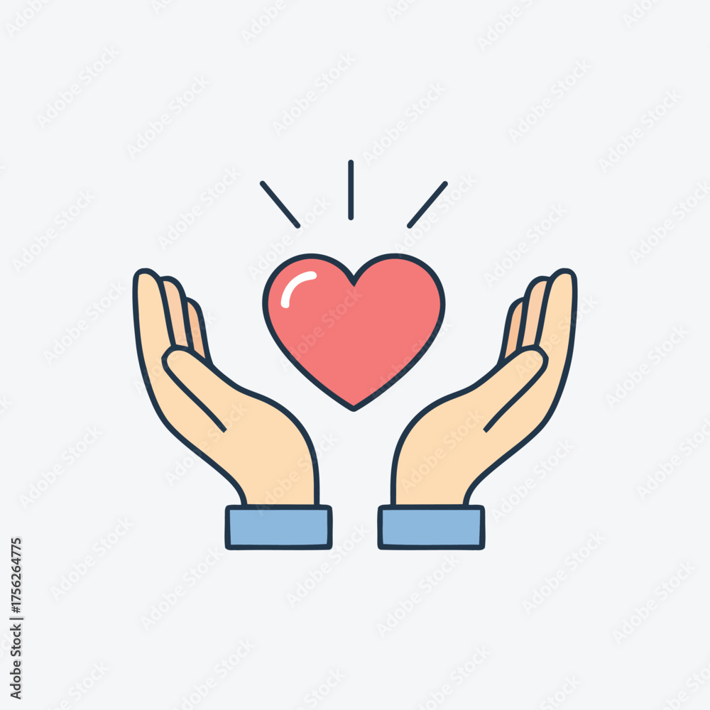 Obraz premium Two hands holding red heart flat vector illustration