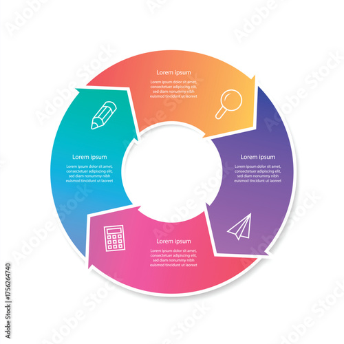 Modern infographic with five circular stages in a colorful gradient flow for business presentations and data visualization.
Four interconnected circular steps with numbers and text placeholders for pr