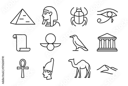 Ancient egyptian symbols collection in linear style for historical and cultural themes