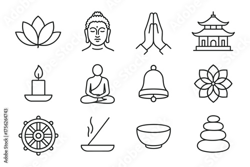 Set of linear buddhist icons: meditation, lotus, temple, buddha, and more