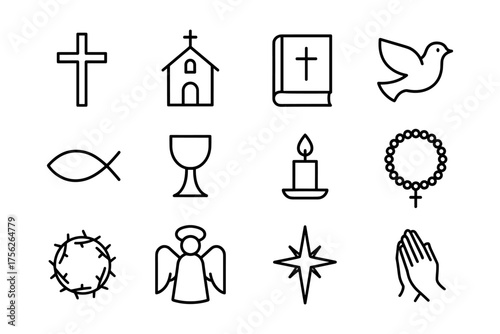 Christian symbols set: cross, church, bible, dove, fish, chalice, candle, rosary, crown