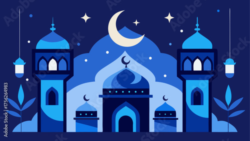 Blue mosque and crescent moon illustration
