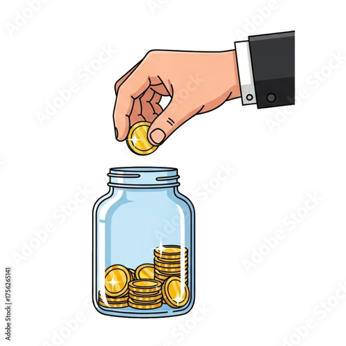 Hand putting coin into jar for savings and investment