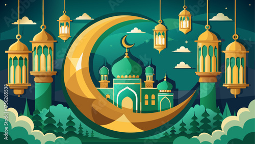 Illustration of mosque with moon and lamps