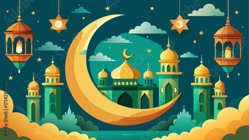 Illustration of mosque with moon and stars