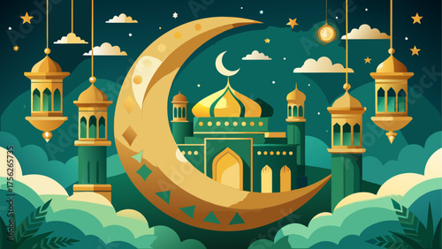 Illustration of a mosque with moon and lamps