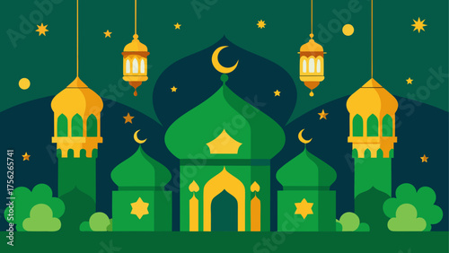 Green mosque with lanterns and crescent moon