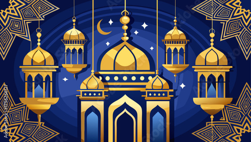 Golden mosque and lanterns on blue design