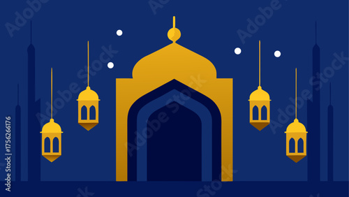 Mosque and lanterns on a dark blue night