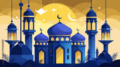 Islamic architecture with moon and lanterns