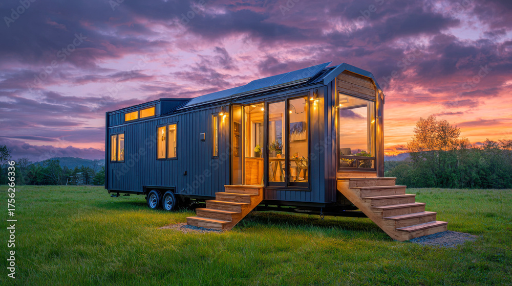 Obraz premium Modern tiny house shines in evening glow with welcoming steps and tranquil surroundings
