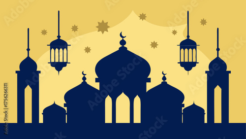 Silhouette of a mosque with lanterns view