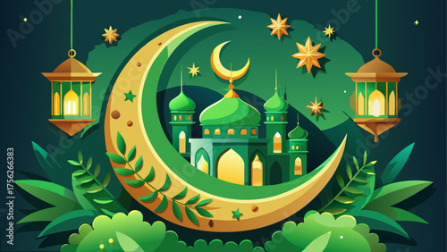 Green mosque with moon and hanging lanterns