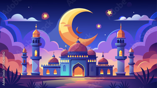 Illustration of a mosque with moon and stars